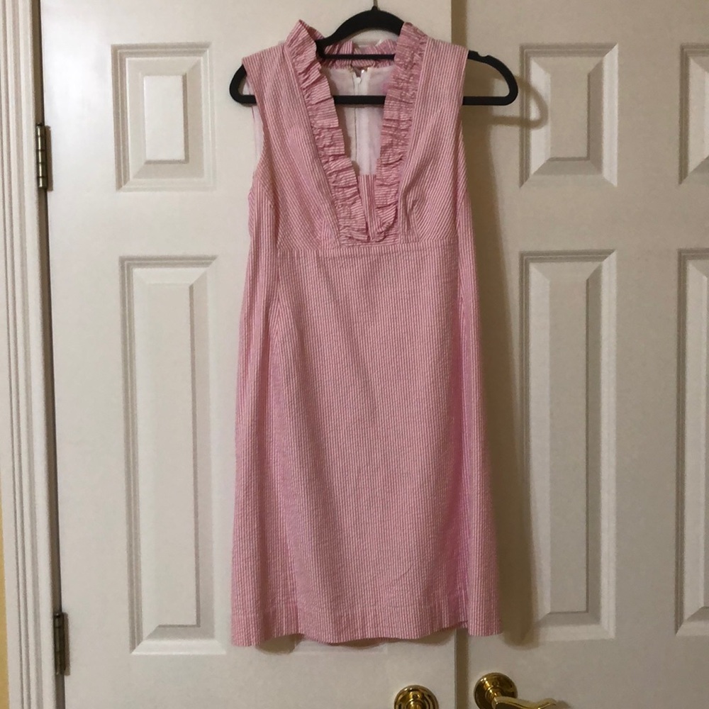 Pink seersucker Lilly Pulitzer shift dress